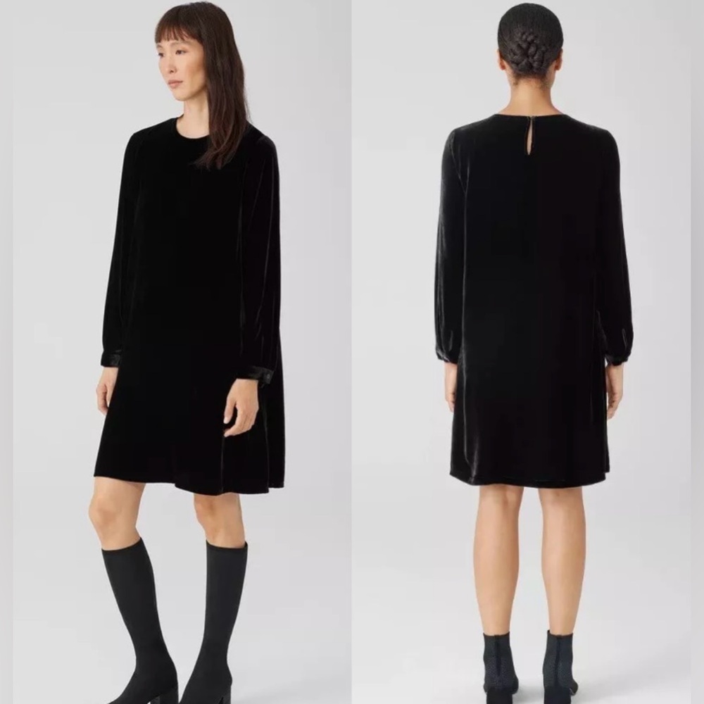 NWOT $348 Eileen Fisher Velvet Crew Neck Black Dress Easy Fit, Knee Length sz S
